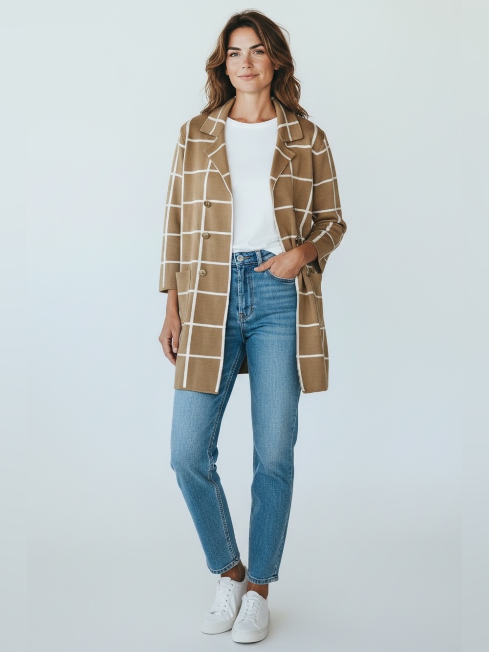 Anne Klein Women’s Tan And White Windowpane Check Cardigan Sweater, Size Large